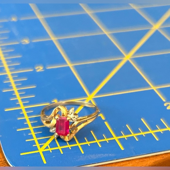 Vintage 10K Gold, Lab Created Ruby, and Diamond Ring Size 8 - Picture 4 of 9